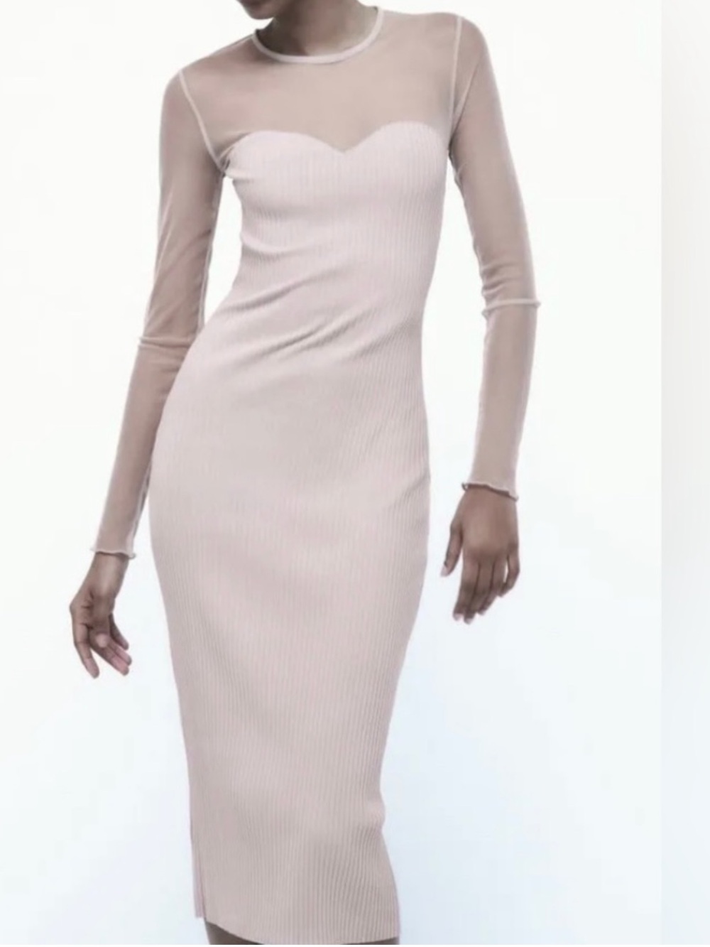 Zara Sheer Mesh Detail Midi Dress in Blush Medium NWT
